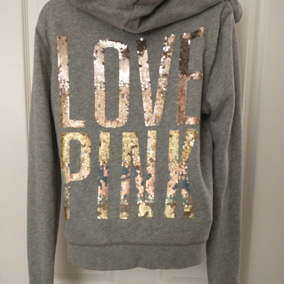 PINK By VS Gray Zip-Up Hoodie with Gold Lettering, Size Small - Picture 6 of 6